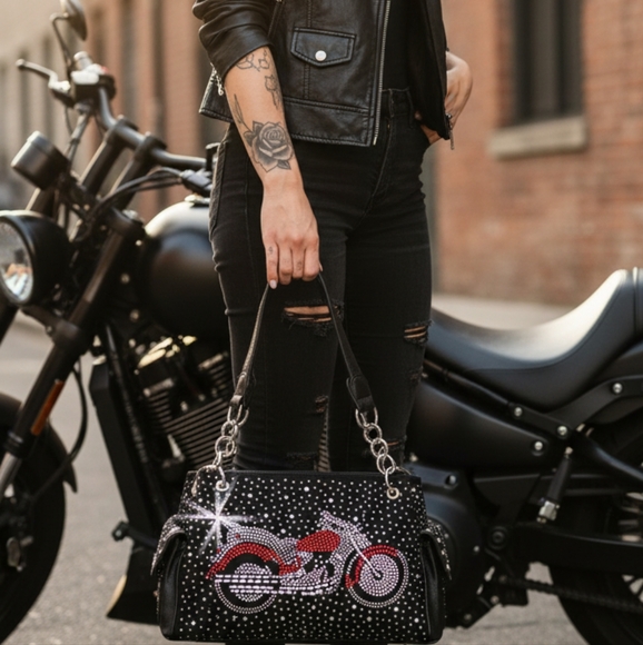 SALE Studded Rhinestone Bling Black Motorcycle Bike Design Handbag Purse - Picture 2 of 4
